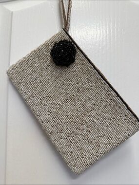 Beaded Cream Wristlet Clutch with Black Floral Accent